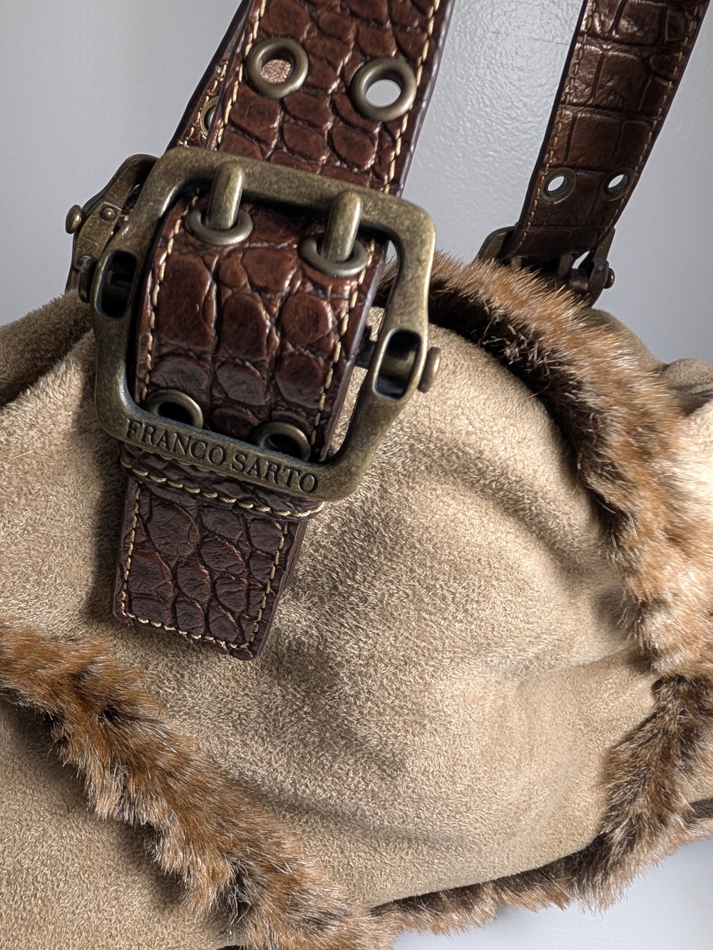 Franco Sarto Beige Suede Shoulder Bag Brown Faux Fur Croc Emboss Strap & Bottom - Picture 3 of 10